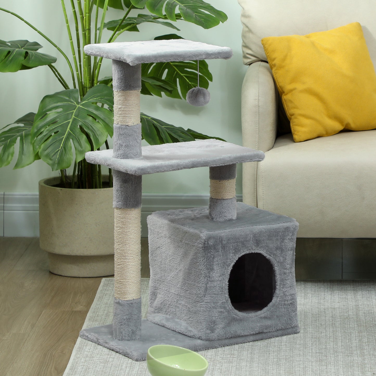 Pawhut Árbol Rascador Para Gatos Con Postes Plataformas Caja Bola Colgante Gris_3