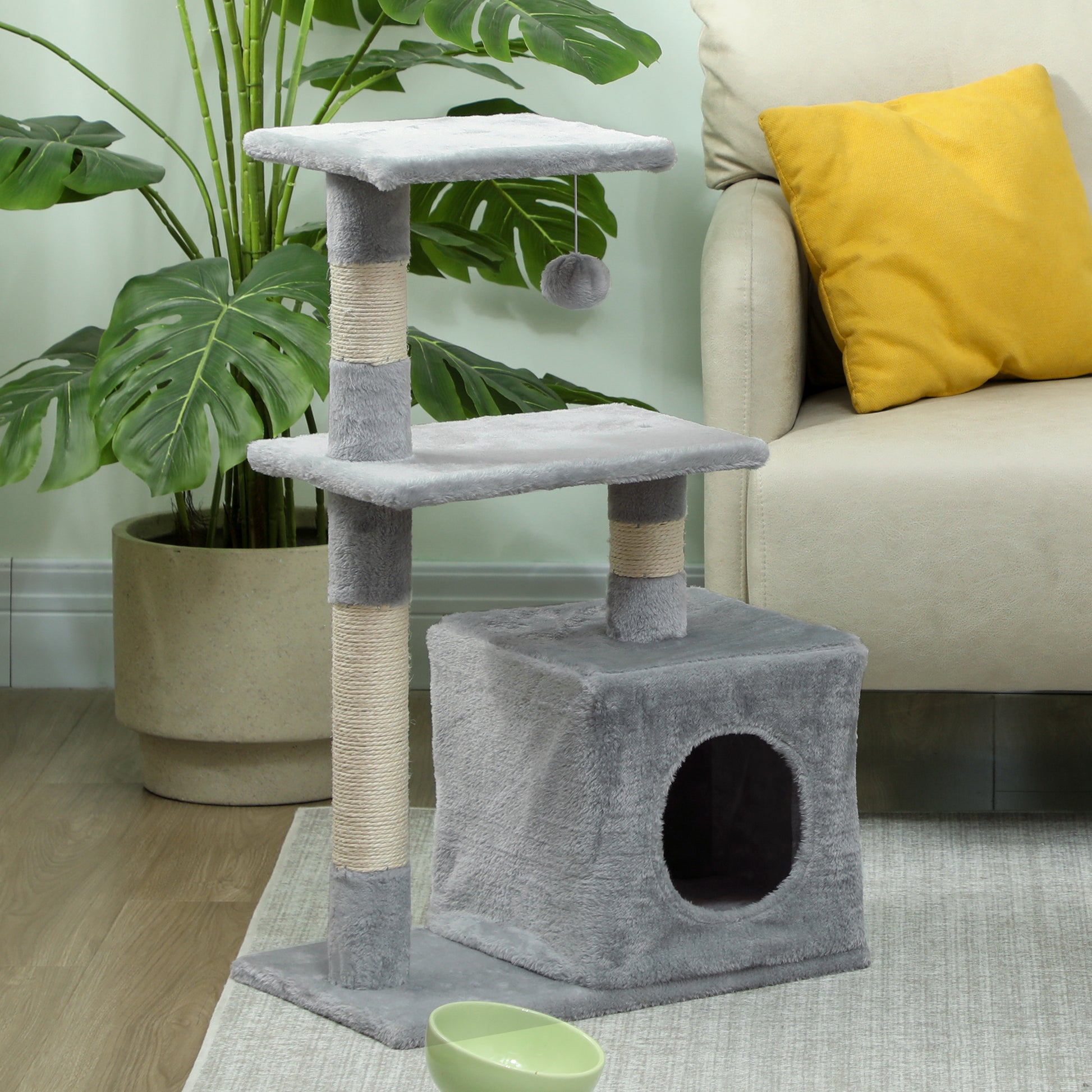 Pawhut Árbol Rascador Para Gatos Con Postes Plataformas Caja Bola Colgante Gris_3