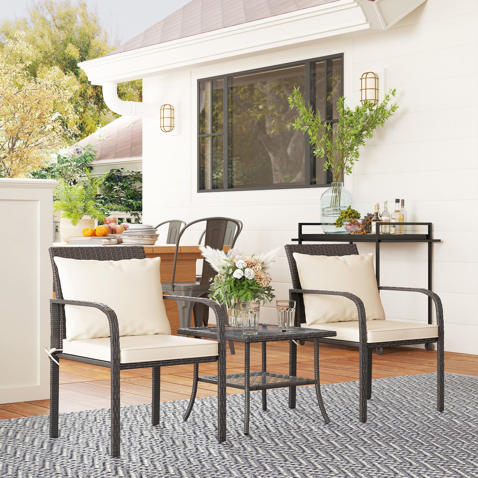 Outsunny Muebles De Jardín Con 2 Sillas Con Cojines Lavables Y Mesa Con Estante_4
