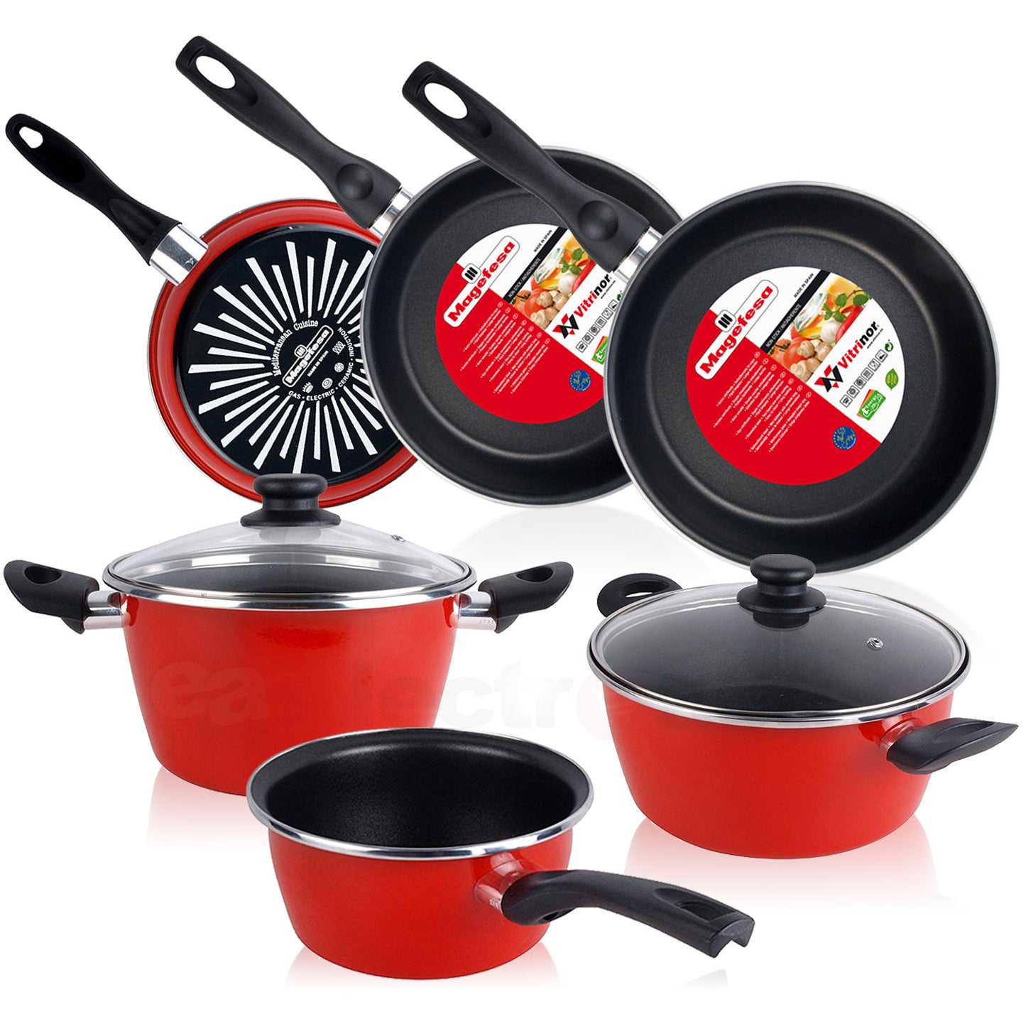 Bateria De Cocina 5 Piezas + Set Juego 3 Sartenes 18-20-24cm, Acero Vitrificado 820ºc, Libre Pfoa Magefesa Grana, Rojo