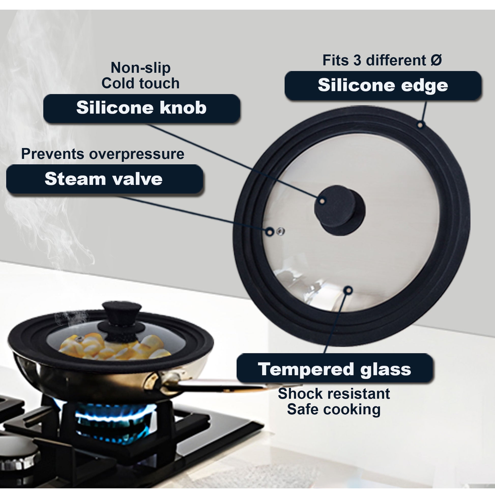Juego 2 Tapas Sartén Universal Ollas, Cacerolas, Multidiámetro Borde Silicona, Cristal Válvula, Briebe, Totalid, Transparente