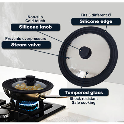 Juego 2 Tapas Sartén Universal Ollas, Cacerolas, Multidiámetro Borde Silicona, Cristal Válvula, Briebe, Totalid, Transparente