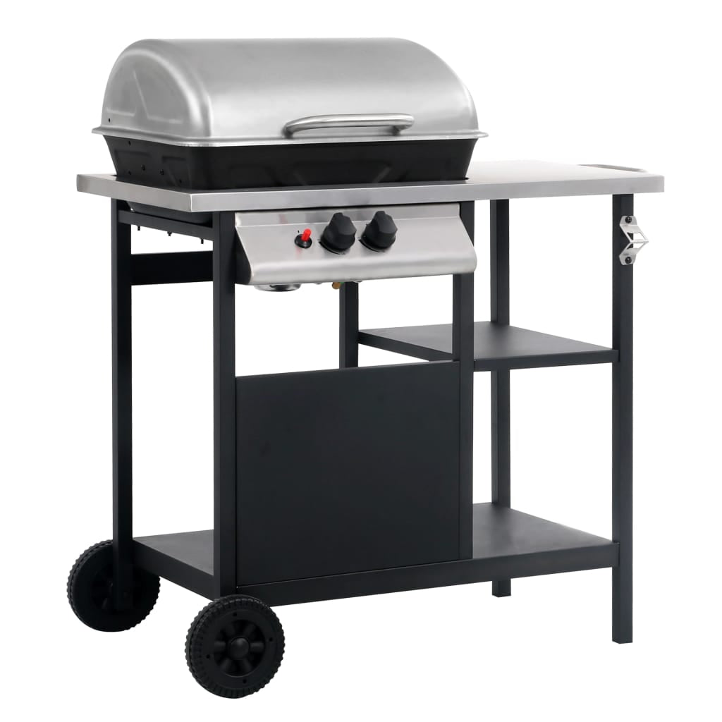 Vidaxl Barbacoa Portátil De Gas Con Mesita 3 Estantes Negro Y Plateado_0