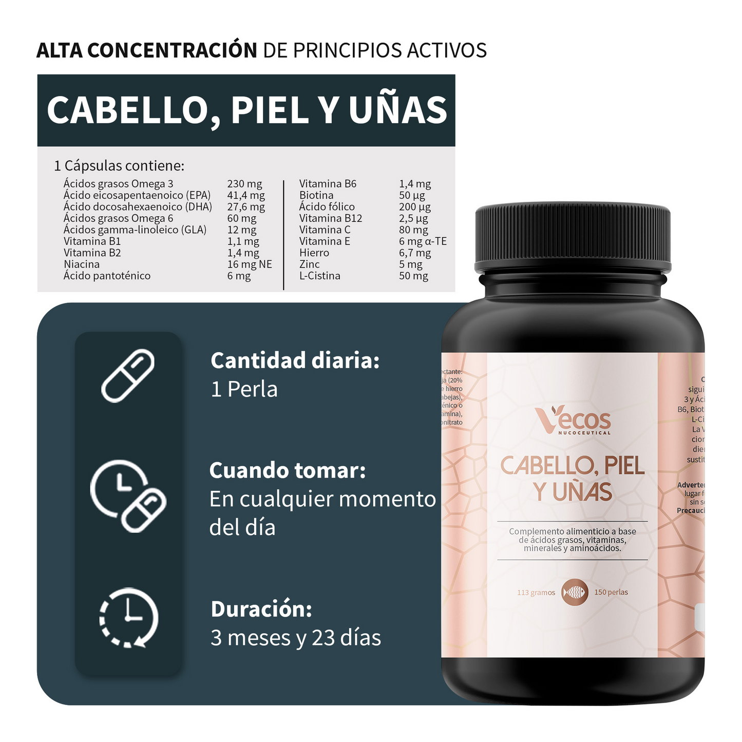 Cabello Y Uñas Vecos 150 Perlas | Fortalecimiento Capilar Y Uñas | Con Biotina, Omega 3 Y L-cistina_2