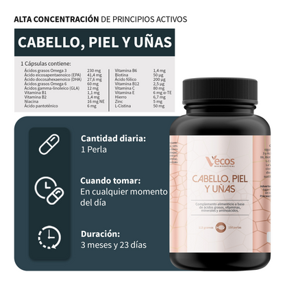 Cabello Y Uñas Vecos 150 Perlas | Fortalecimiento Capilar Y Uñas | Con Biotina, Omega 3 Y L-cistina_2