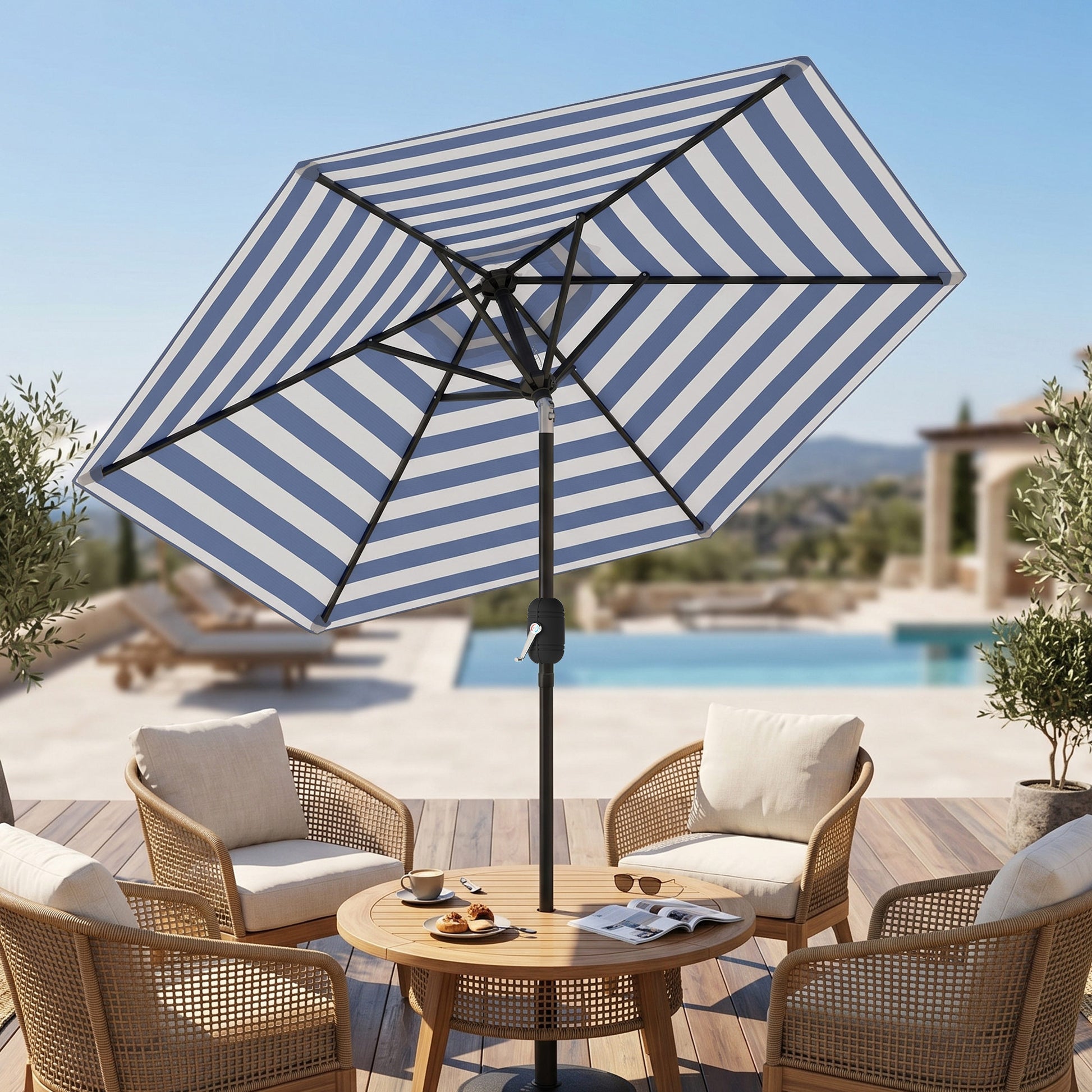 Outsunny Sombrilla Terraza Exterior Ø230 Cm Con Ángulo Ajustable Azul Y Blanco_4