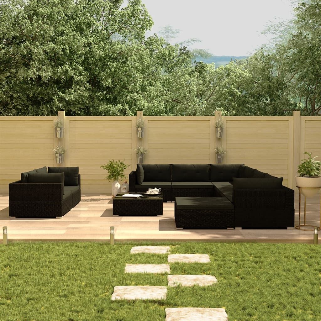 Vidaxl Set Muebles De Jardín 10 Piezas Y Cojines Ratán Sintético Negro_1