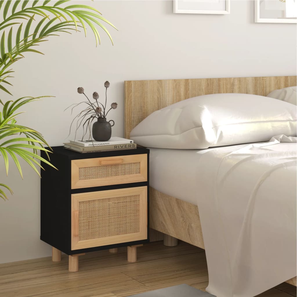 Mesitas De Noche 2 Uds Madera Maciza Pino Negro Ratán Natural_1
