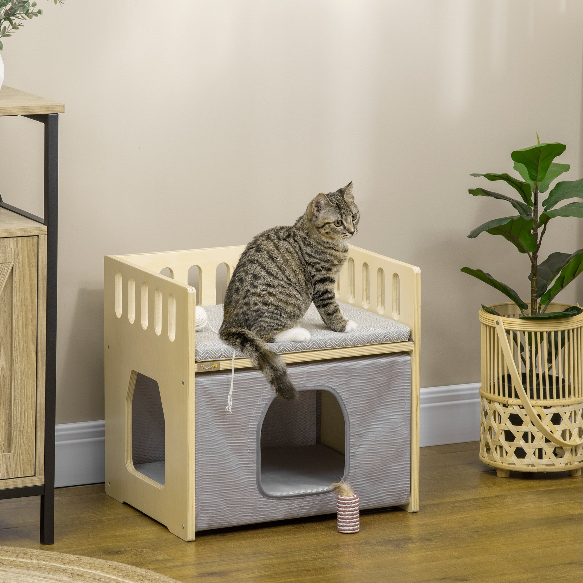 Pawhut Cama Para Gatos Madera Con 2 Cojines Cubierta De Tela Oxford 48x38x47 Cm_1