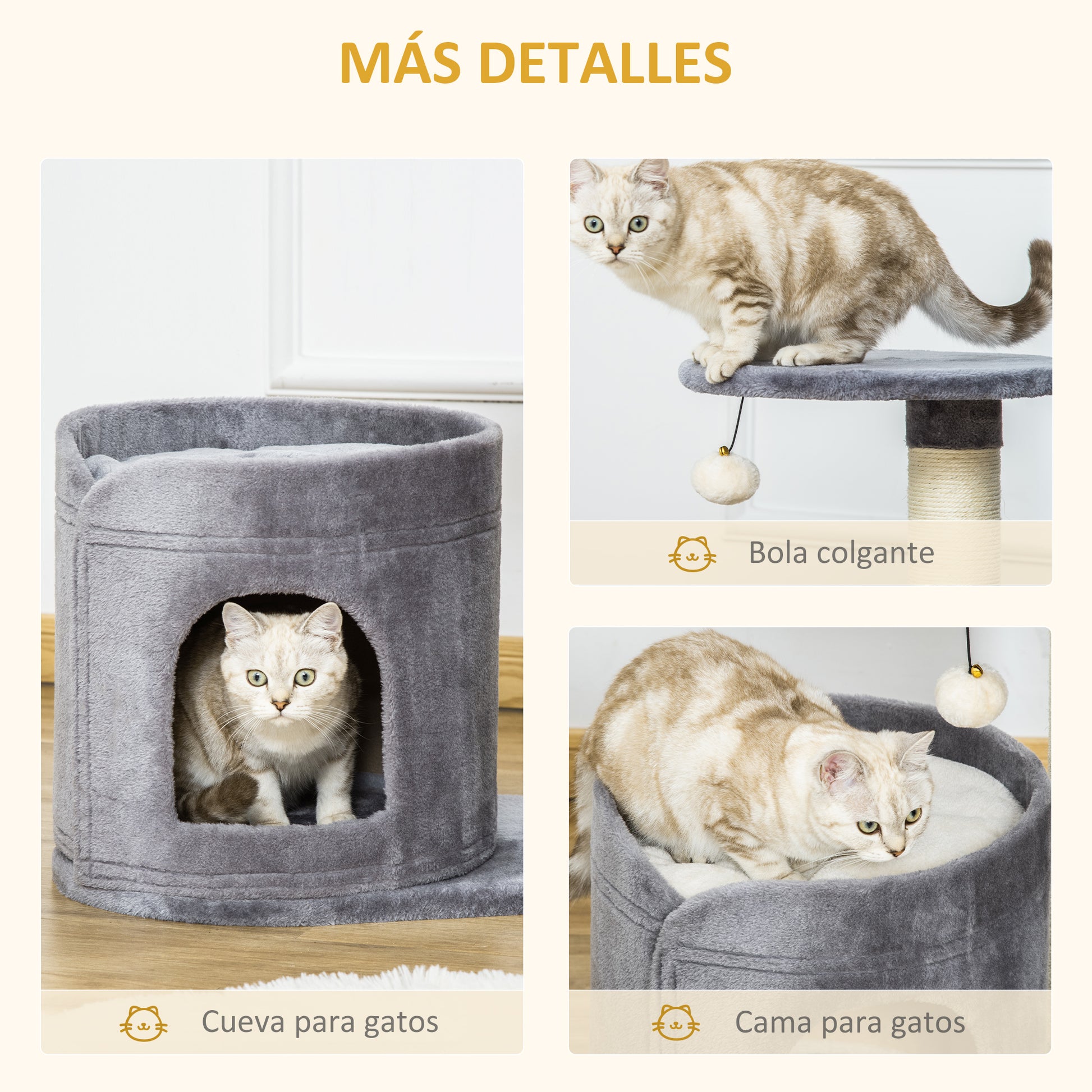 Pawhut Árbol Rascador Para Gatos Altura 59 Cm Con Cueva Poste De Sisal Y Bola_5