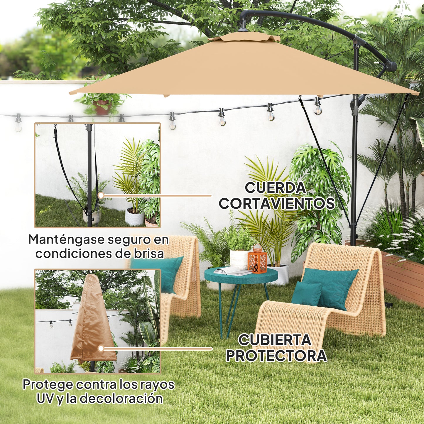 Outsunny Parasol Excéntrico Ø 290 Cm Con Base Cruzada Manivela Anti-uv 50+ Caqui_3