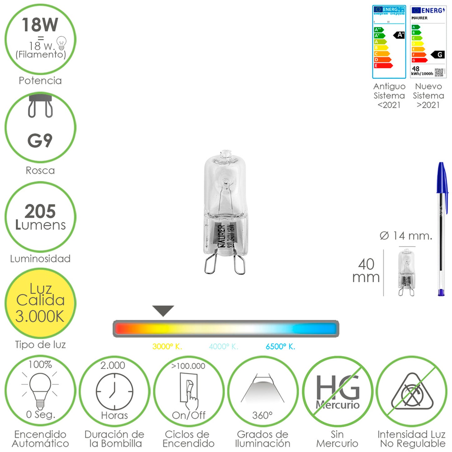 Bombilla Halogena G-9, 18 W, 205 Lumenes, Luz Cã¡lida (3,000âº K)_0