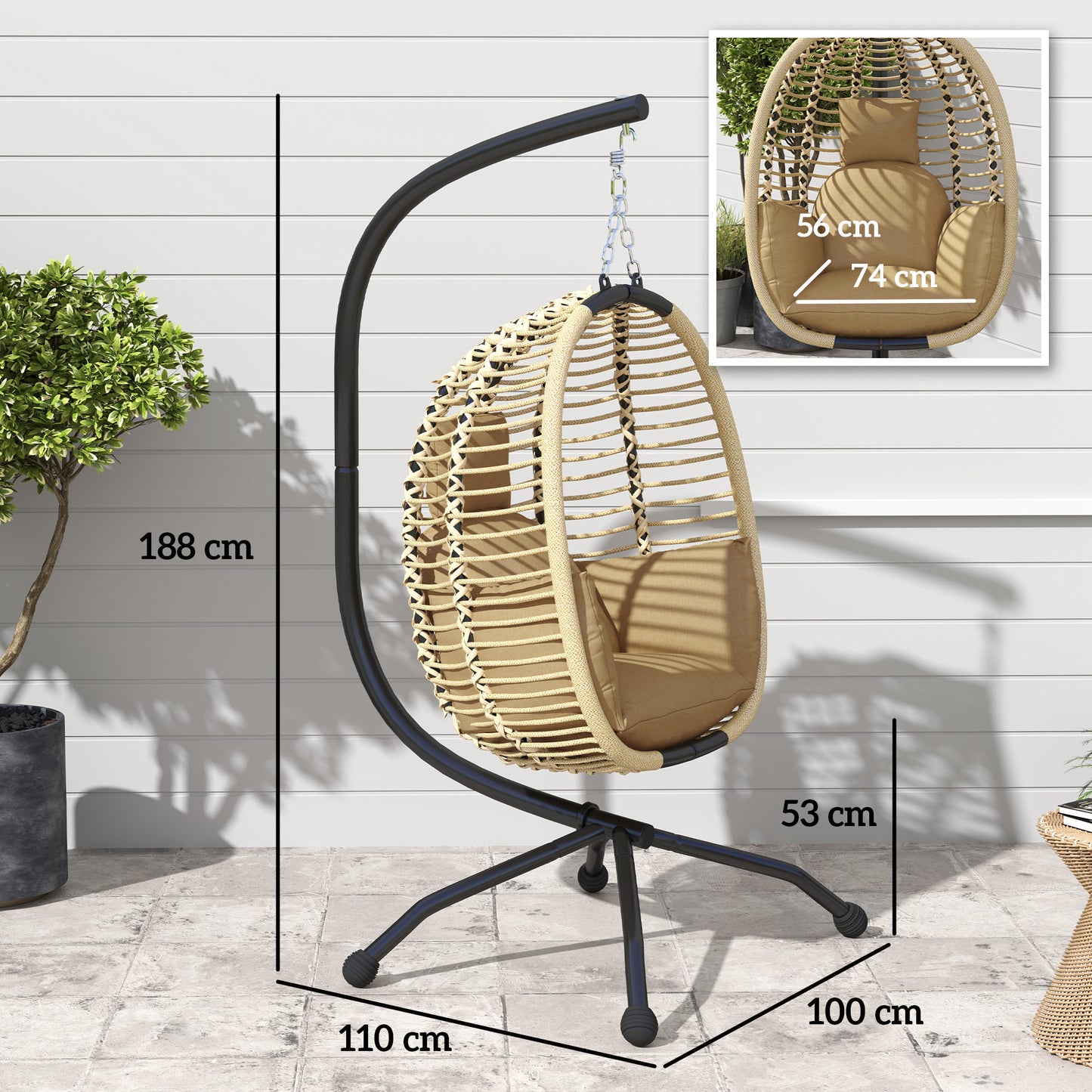 Outsunny Silla Colgante Huevo Con Soporte Cesta Plegable Cojín Beige_2