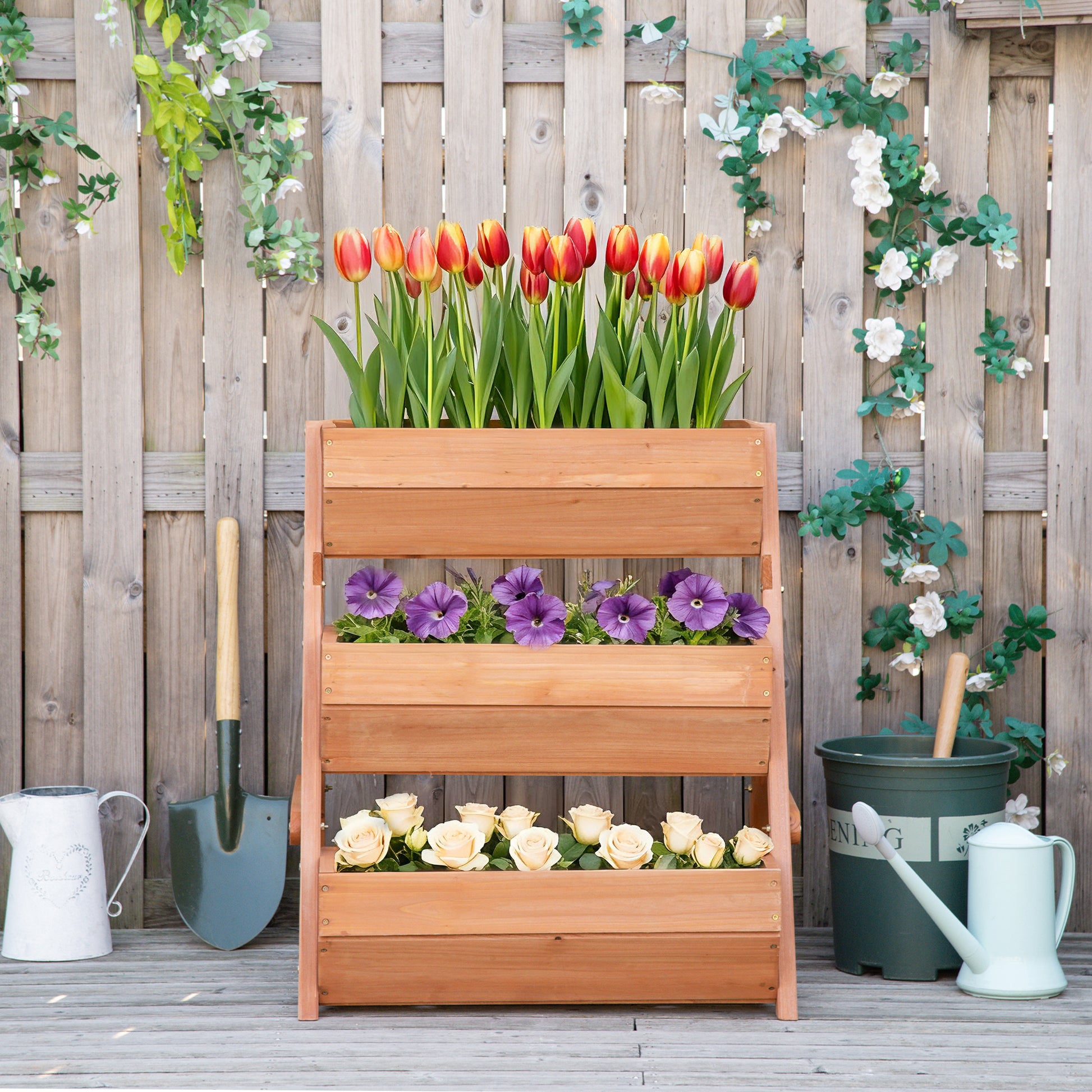 Outsunny Jardinera De Madera De 3 Niveles Con Orificios De Drenaje Marrón_4