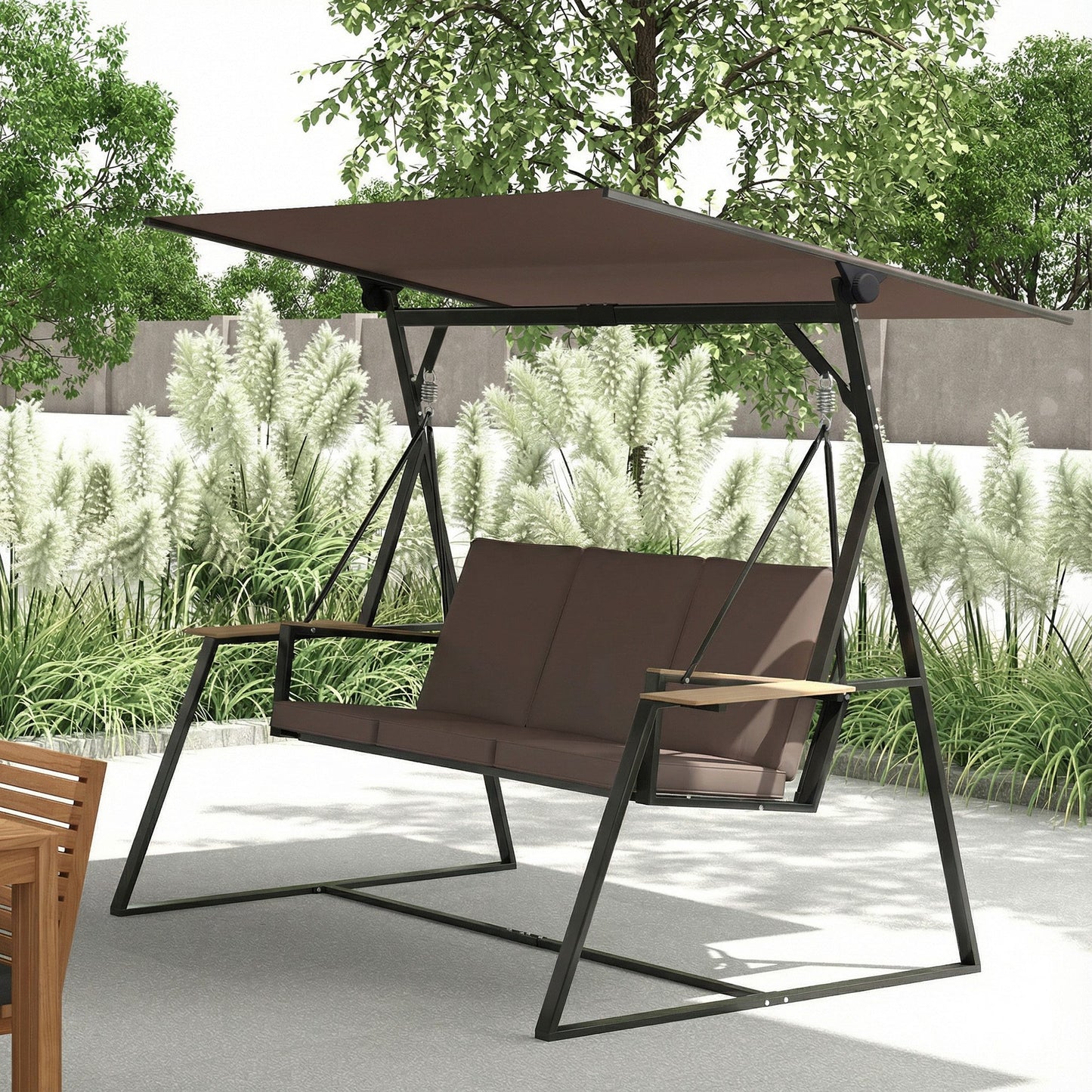 Outsunny Columpio De Jardín Exterior De 3 Plazas Con Techo Ajustable 2 Bandejas_1