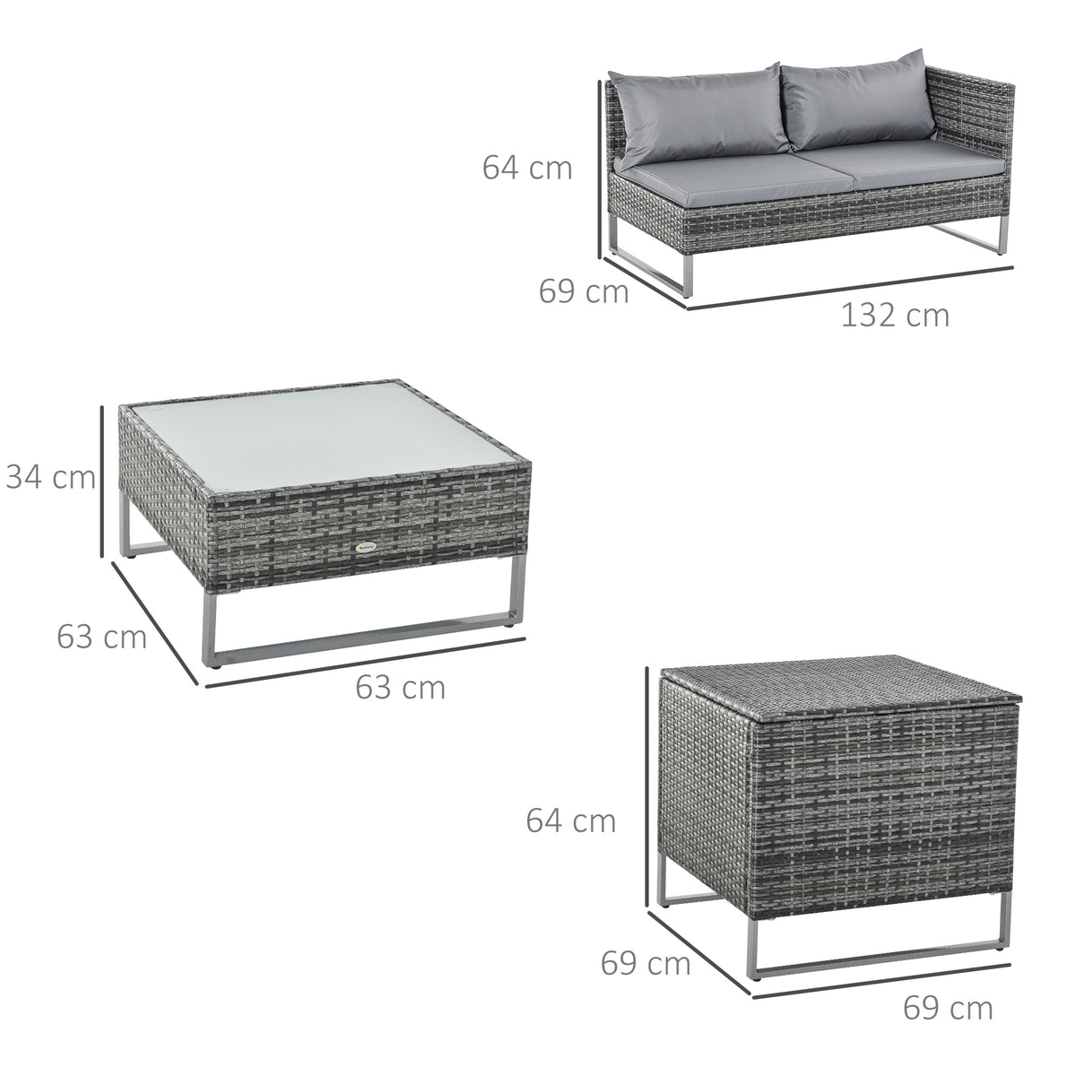 Conjunto De Muebles De Jardín De Ratán Outsunny Gris 132x69x64 Cm_2