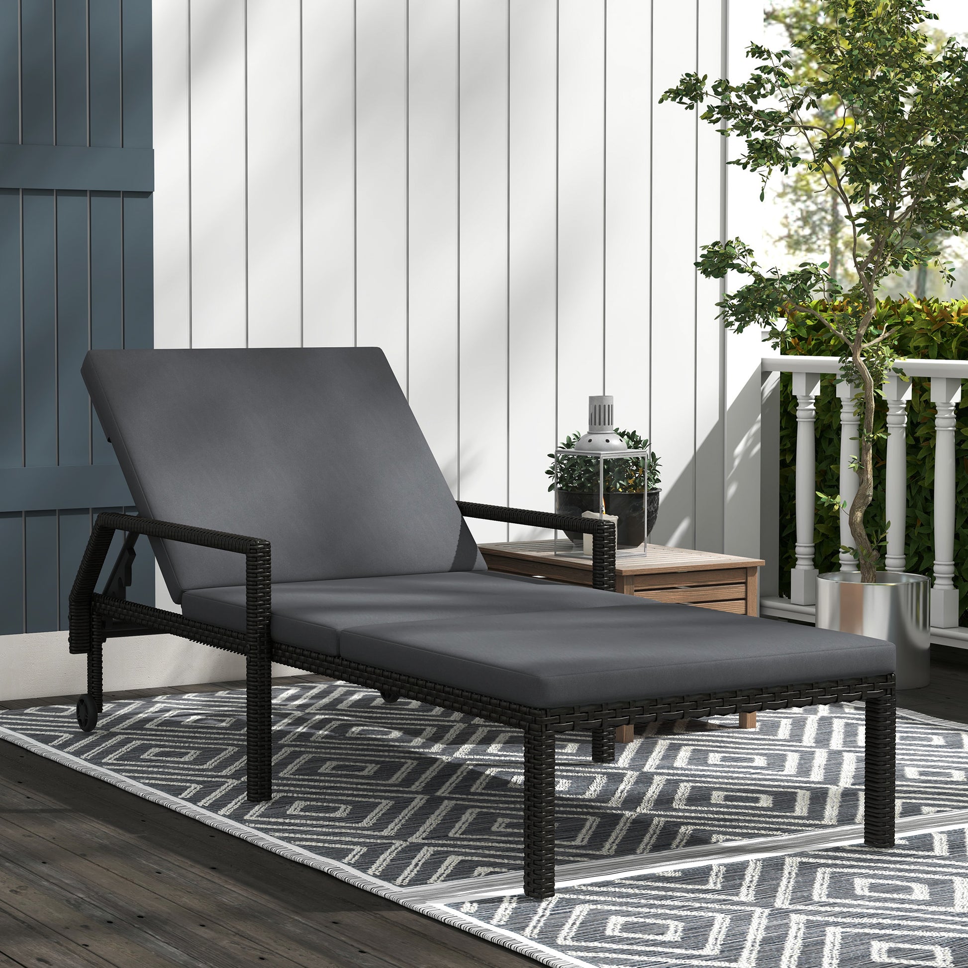 Outsunny Tumbona De Ratán Con Respaldo Ajustable 73x200x48cm Gris Oscuro Y Negro_1