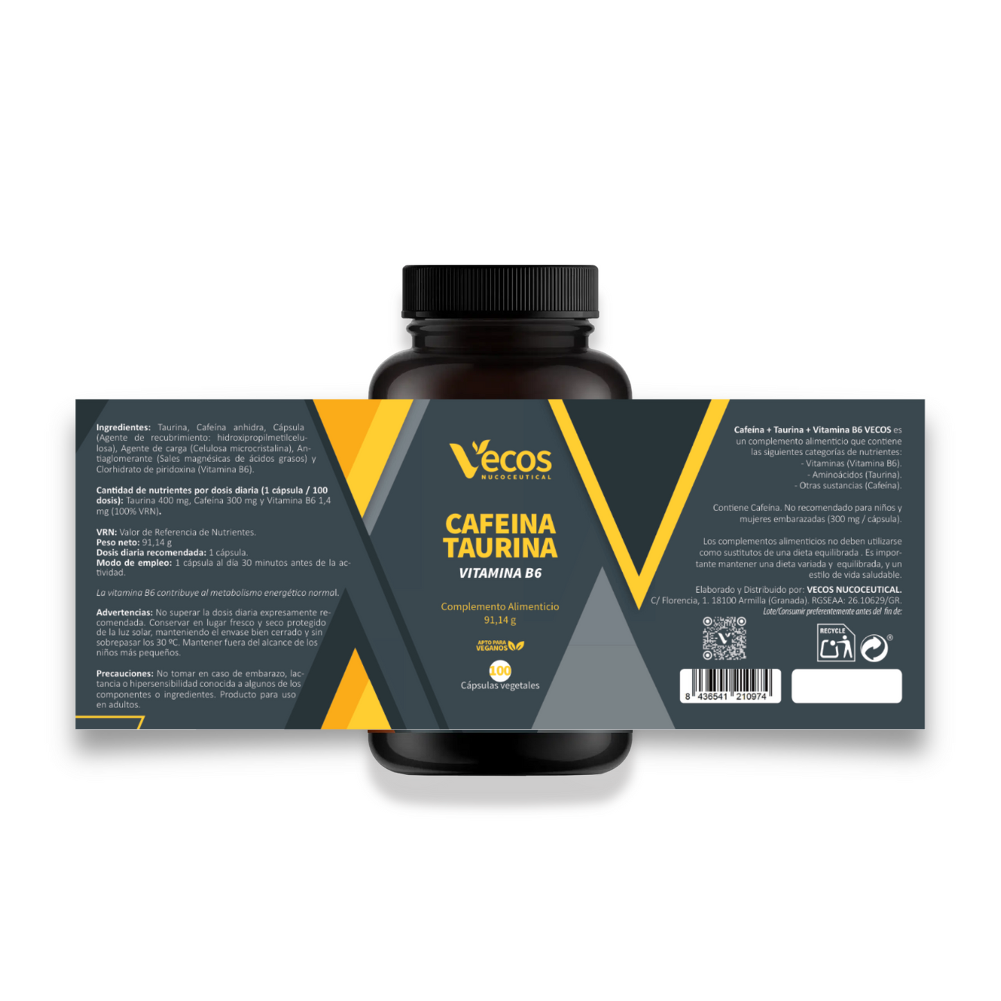 Pre-workout Cafeína 300 Mg Vecos 100 Cápsulas | Energía Extrema | Taurina + B6_4