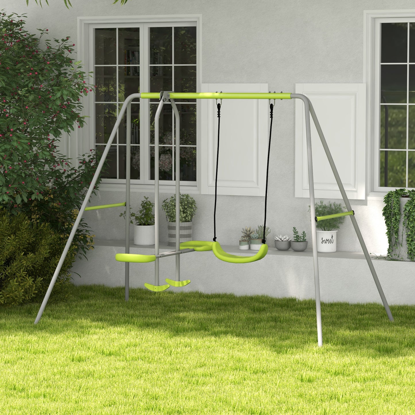 Outsunny Columpio Para Niños Con 1 Columpio Simple Y 1 Planeador Gris Y Verde_1