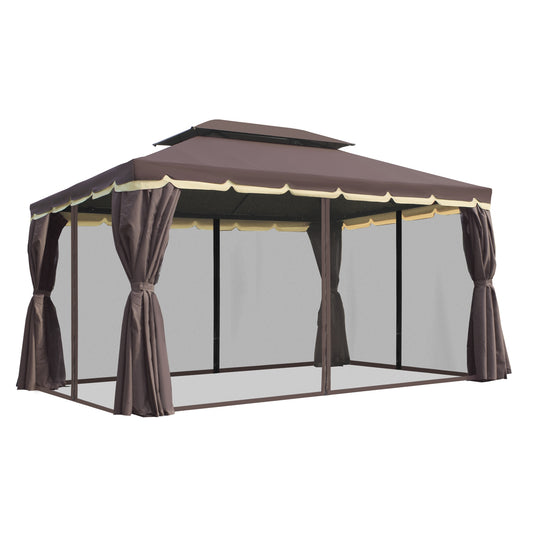 Outsunny Cenador De Jardín 4x3 M Con Doble Techo 4 Cortinas 4 Mosquiteras Café_0