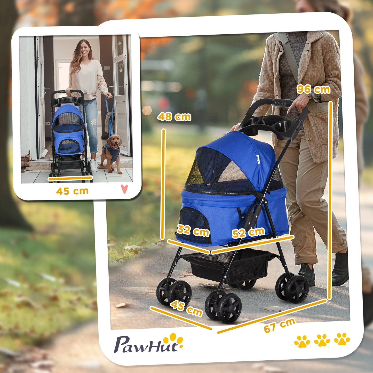 Pawhut Cochecito Para Perros Plegable Con Ruedas Universales 67x45x96 Cm Azul_2