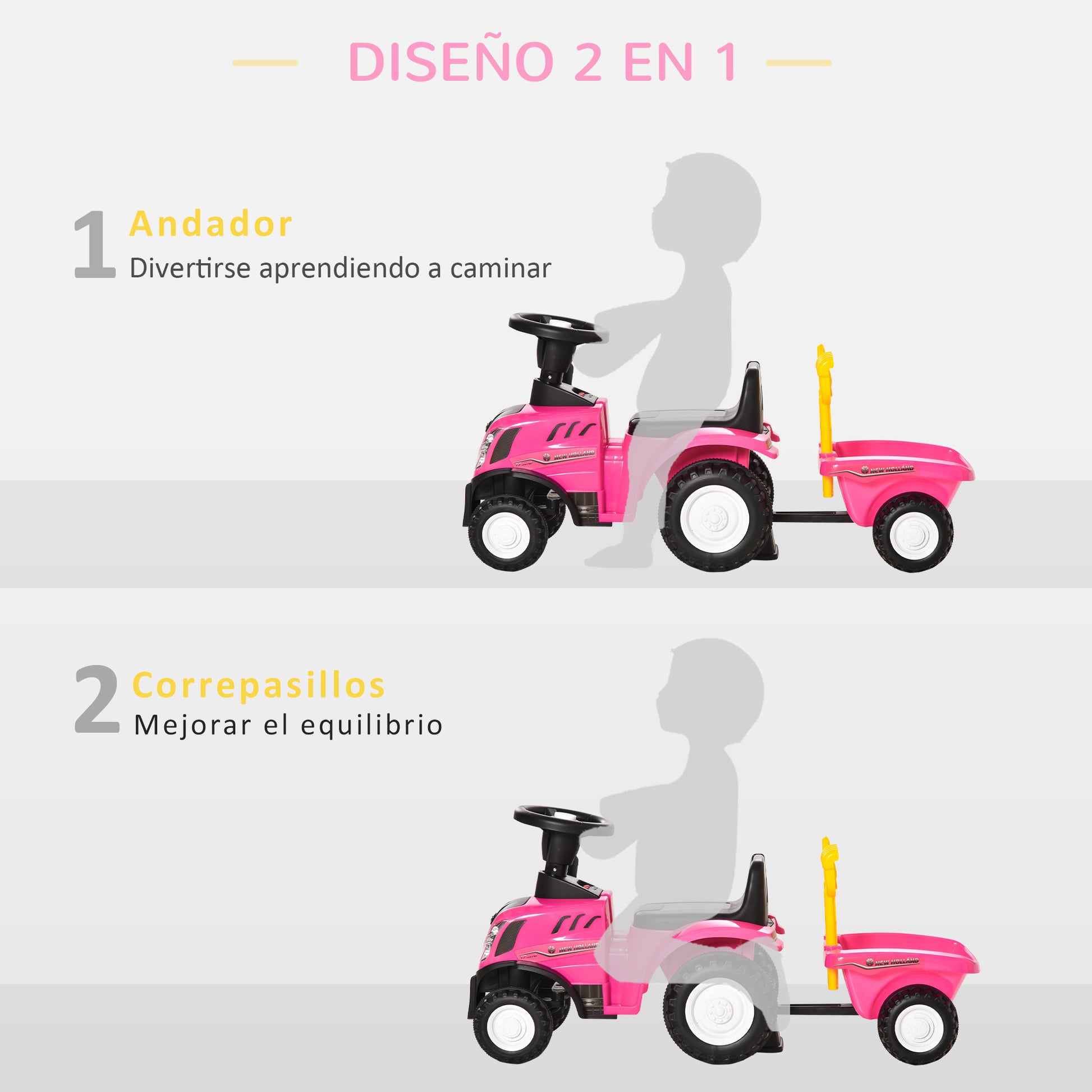 Homcom Tractor Con Remolque Para Niños 12-36 Meses Con Faros Pala Y Rastrillo_3