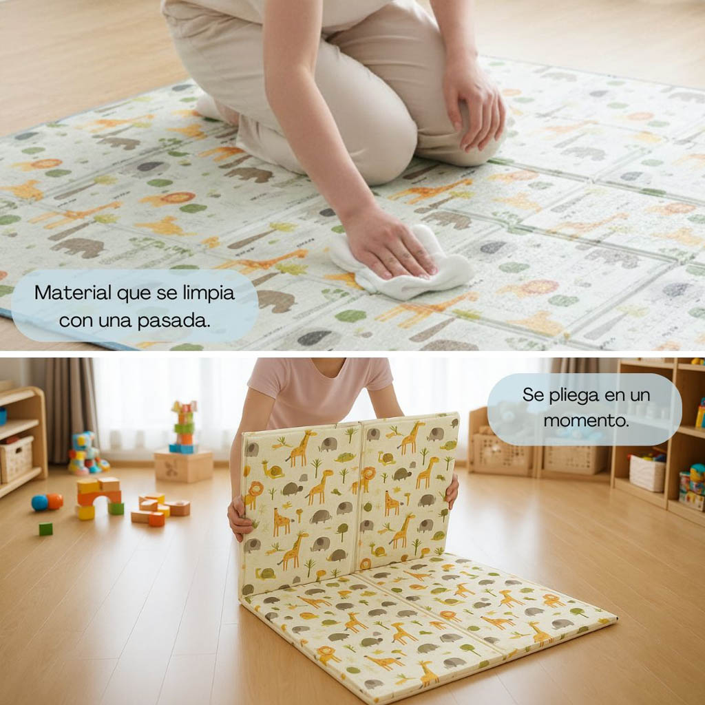 Bathby | Alfombra Plegable Para Bebé 200 × 150 Cm, Reversible Animales/hojas_3