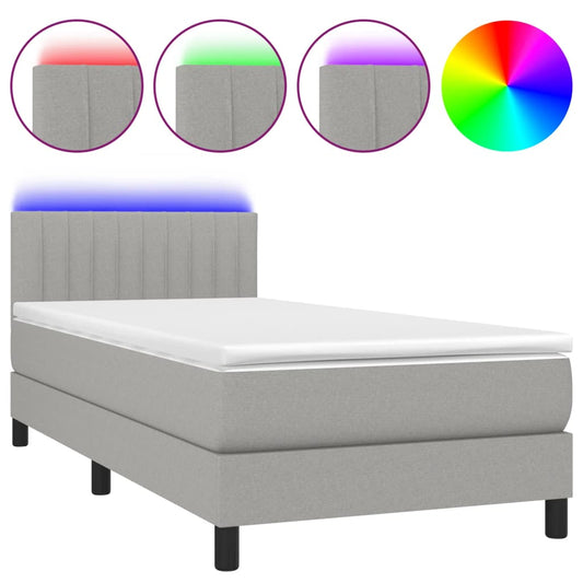 Cama Box Spring Colchón Y Luces Led Tela Gris Claro 90x200 Cm / Vetonek_0