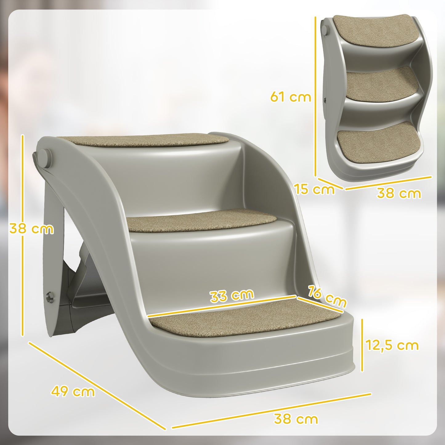 Pawhut Escalera Para Perros Pequeños Plegable De 3 Peldaños 49x38x38 Cm Gris_2
