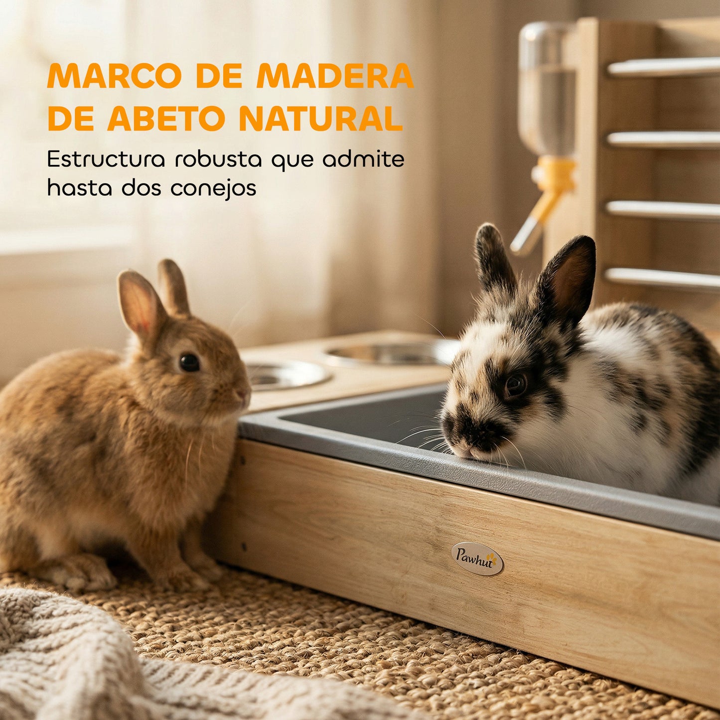 Pawhut Comedero De Heno De Conejos De Madera Con Bandeja Cuenco Botella De Agua_5