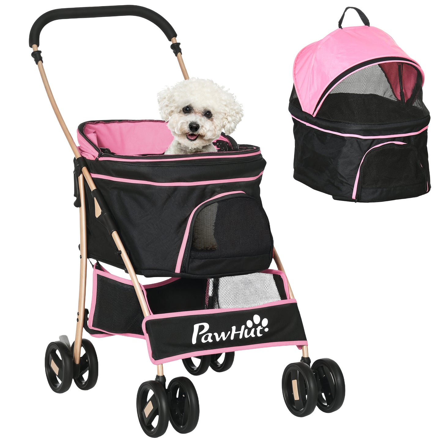 Pawhut Carrito Para Perros Plegable 3 En 1 Con Vagón Desmontable Rosa_0