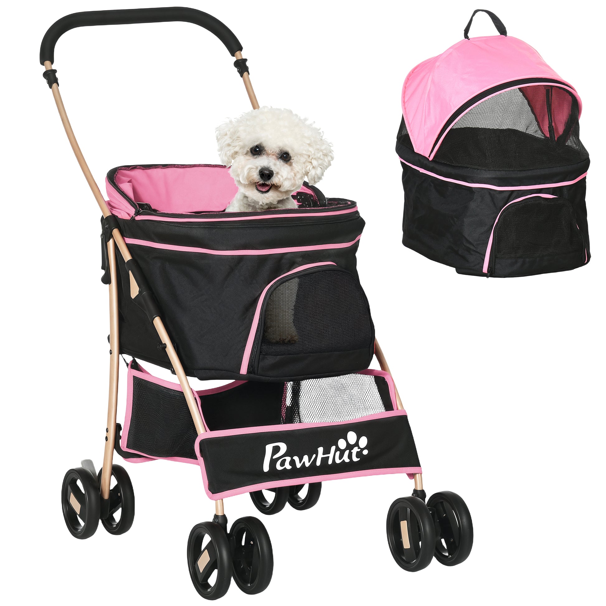 Pawhut Carrito Para Perros Plegable 3 En 1 Con Vagón Desmontable Rosa_0