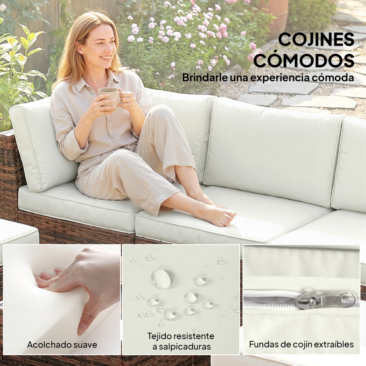 Outsunny Conjunto Muebles Jardín Exterior De Ratán 6 Piezas Cojines Marrón_5