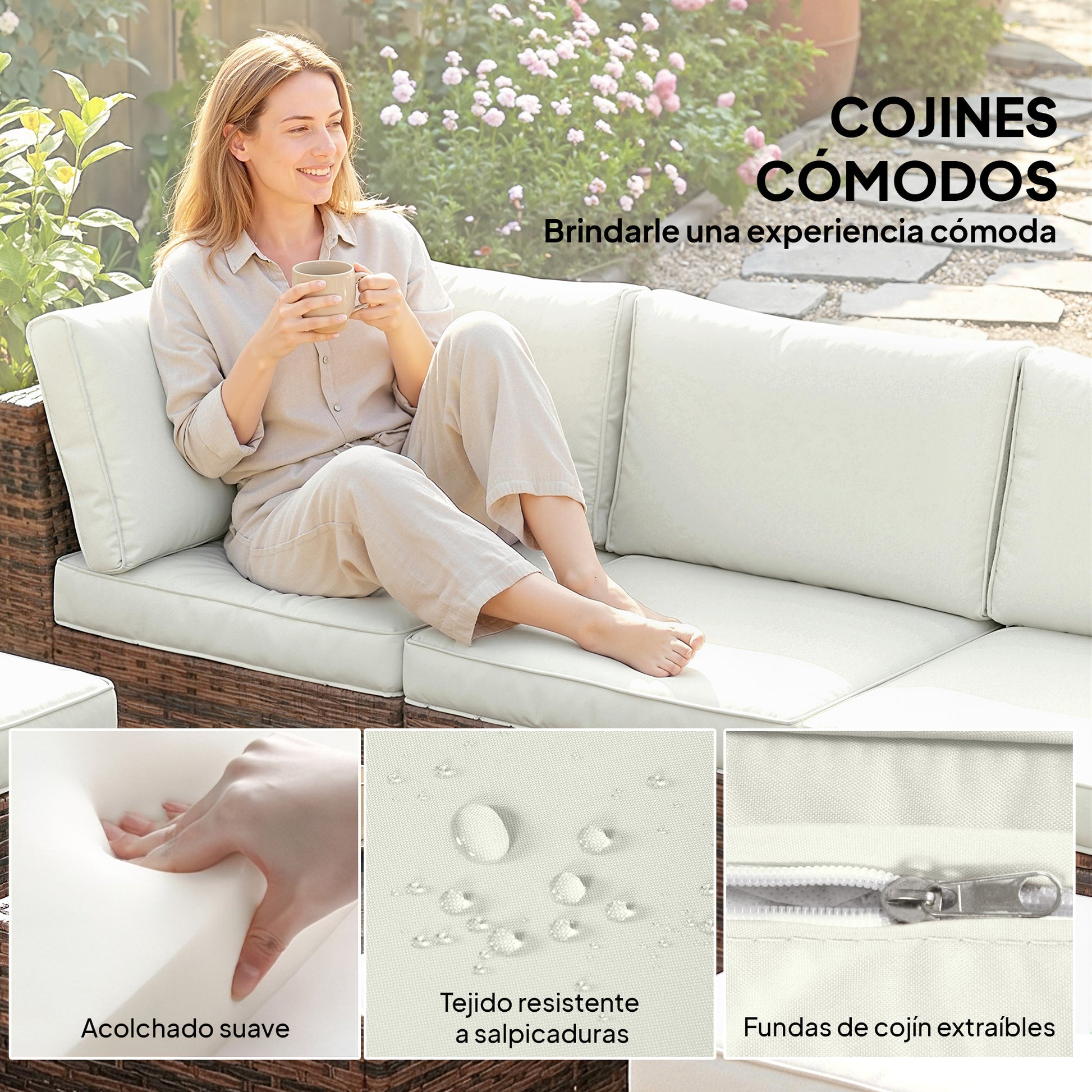 Outsunny Conjunto Muebles Jardín Exterior De Ratán 6 Piezas Cojines Marrón_5