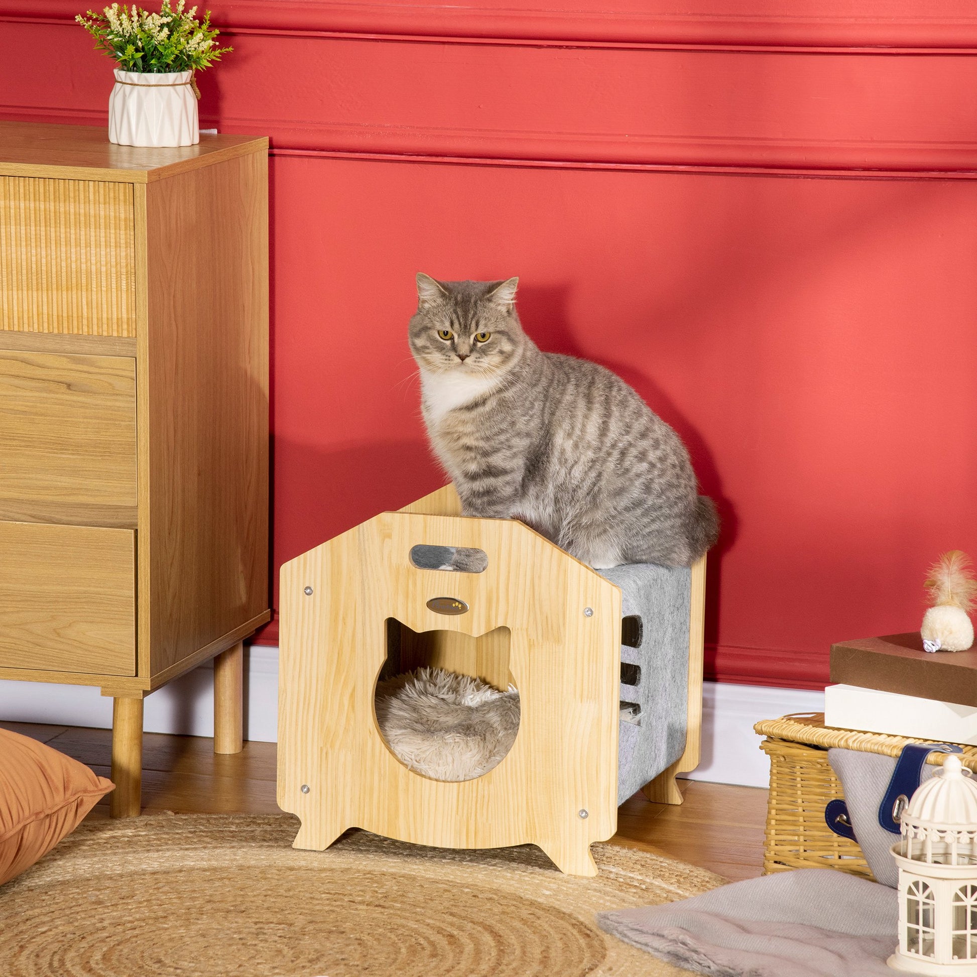 Pawhut Caseta De Gatos Madera Con Cojín Lavable Orificio Entrada 40x39x40cm_1
