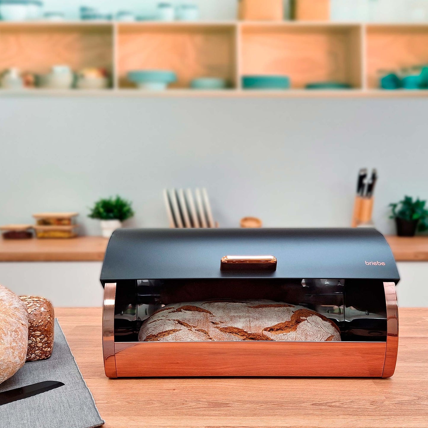 Panera De Mesa +juego 3 Botes Cocina Almacenaje Acero Inoxidable Contenedor De Pan Con Tapa, Briebe, Bb1161, Negro Mate/oro Rosa