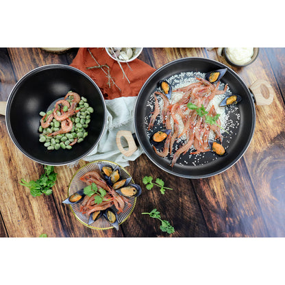 Batería Cocina Inducción 6 Piezas, Antiadherente Libre Pfoa, Exterior Negro Asas Efecto Madera Magefesa Orbe, Negro