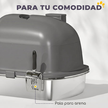 Pawhut Arenero Para Gatos Cubierto De Acero Inoxidable Con Pala Gris Oscuro_5