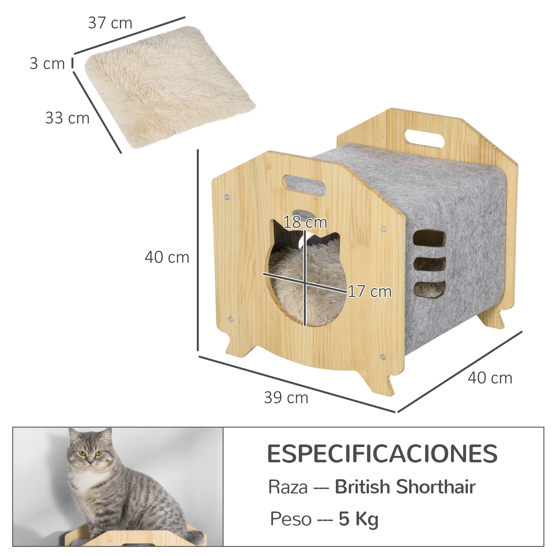 Pawhut Caseta De Gatos Madera Con Cojín Lavable Orificio Entrada 40x39x40cm_2