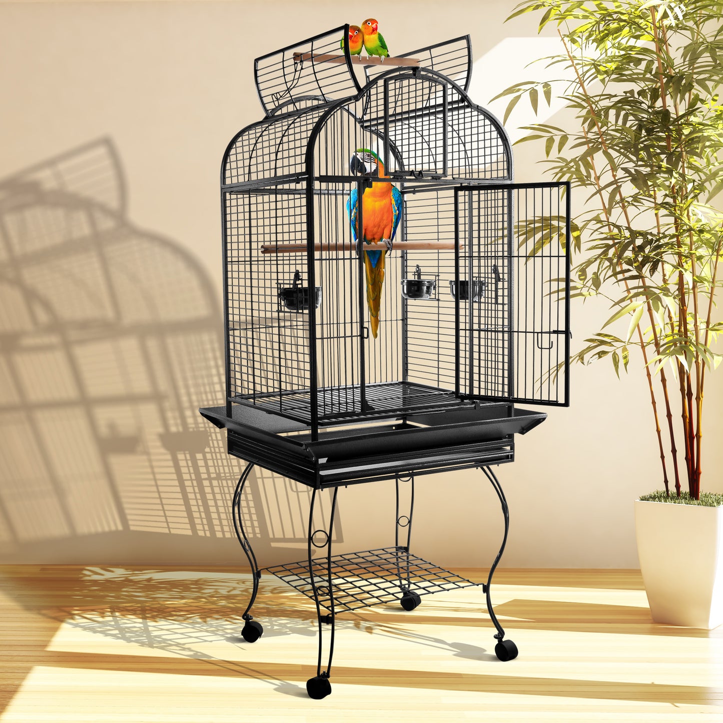 Pawhut Jaula De Pájaros Pajarera Con 2 Puertas Perchas Bandeja Ruedas 75x69x159_1