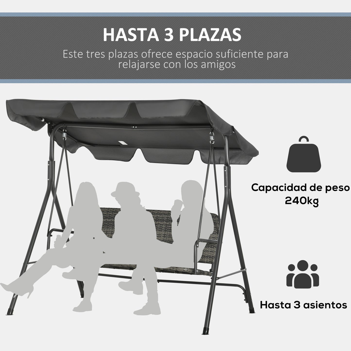 Outsunny Balancín De Jardín Exterior De 3 Plazas Con Asiento De Ratán Pe Gris_4
