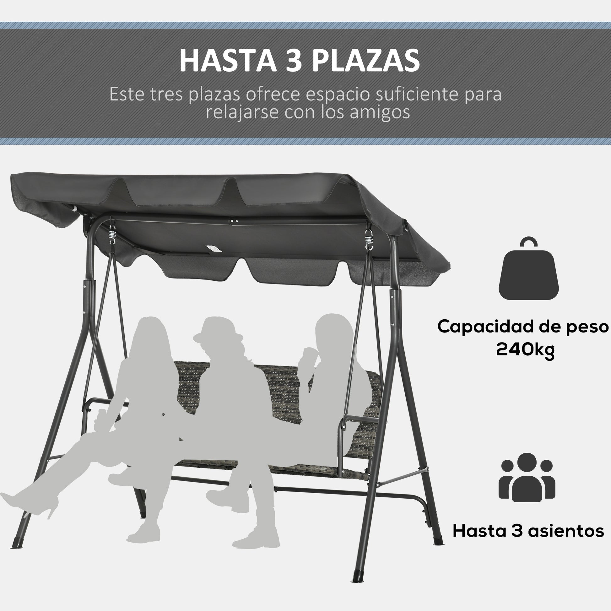 Outsunny Balancín De Jardín Exterior De 3 Plazas Con Asiento De Ratán Pe Gris_4