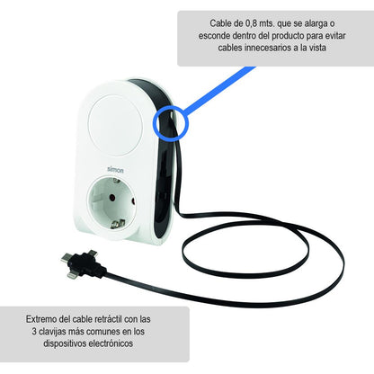 Adaptador con 3 clavijas usb cable enrollable +1 puerto usb a + 1 toma 16a Simon