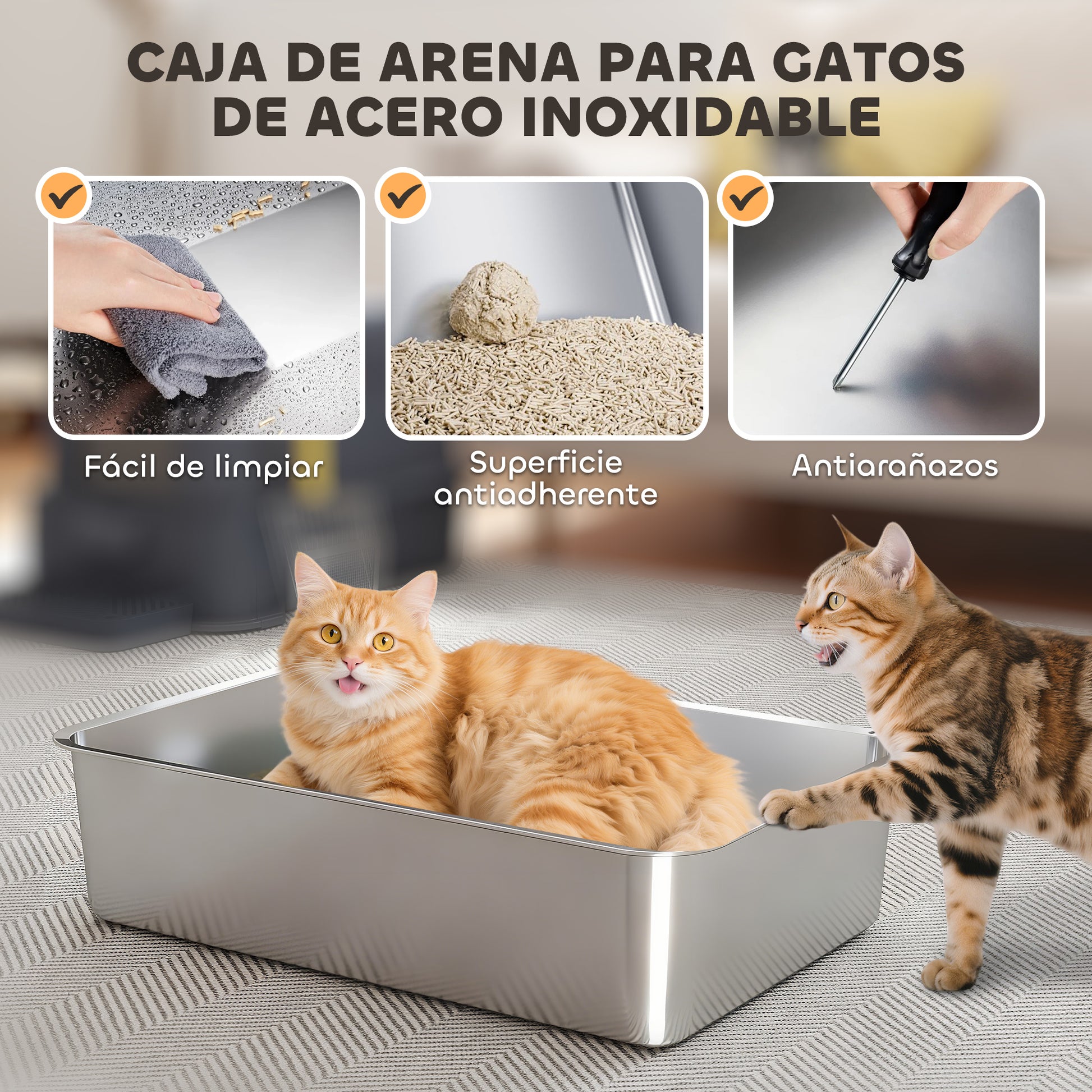 Pawhut Arenero Para Gatos De Acero Inoxidable Xl Con Tapa Abatible 180° Gris_5
