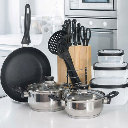Well Home Batería De Cocina De 18pc (1x Sarten + 2 Cacerolas + 1 Tabla De Cortar + 1 Tijeras + 3 Utensilios De Nylon + 4 Tuppers + 1 Bloque De Madera