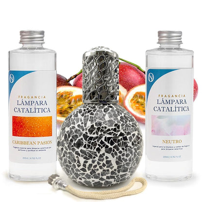 Pack Lámpara Catalítica Mosaico Negro + Fragancia Caribbean Passion 200ml + Limpiador Neutro 200ml + Mecha De Repuesto_0