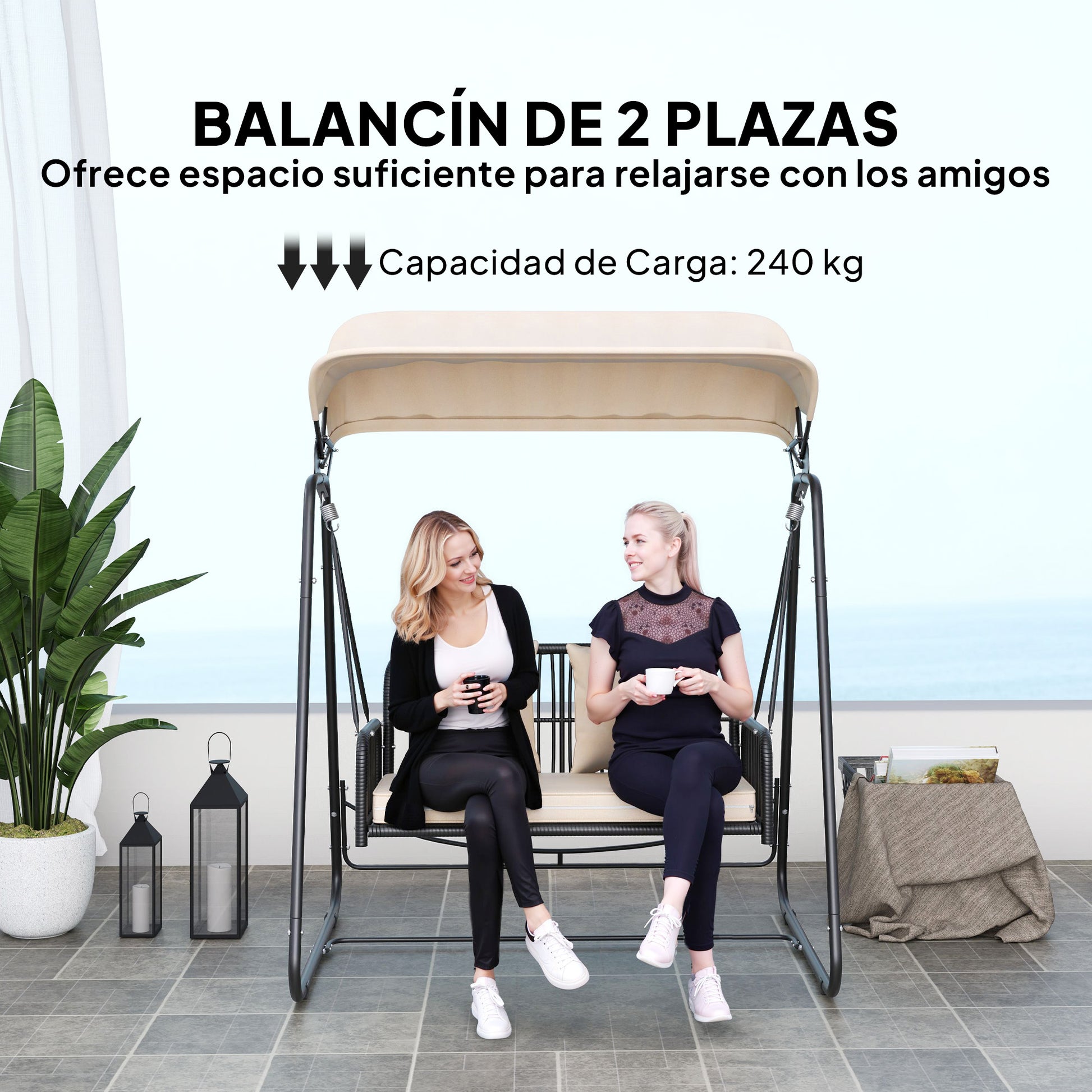Outsunny Columpio De Jardín De 2 Plazas Con Toldo Retráctil Carga 240 Kg Caqui_5