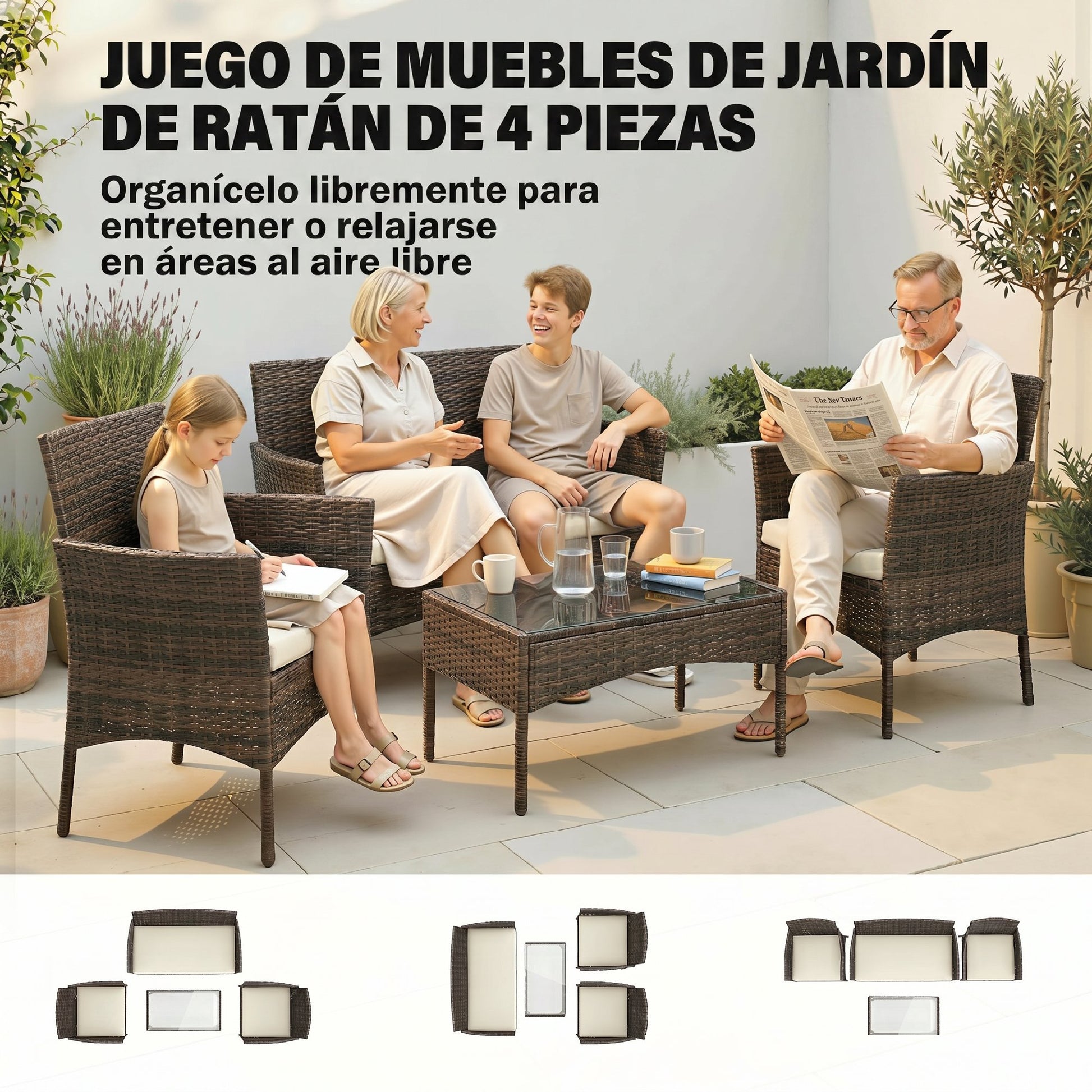 Outsunny Conjunto Jardín Exterior De Ratán Sintético Con Cojines Marrón_3