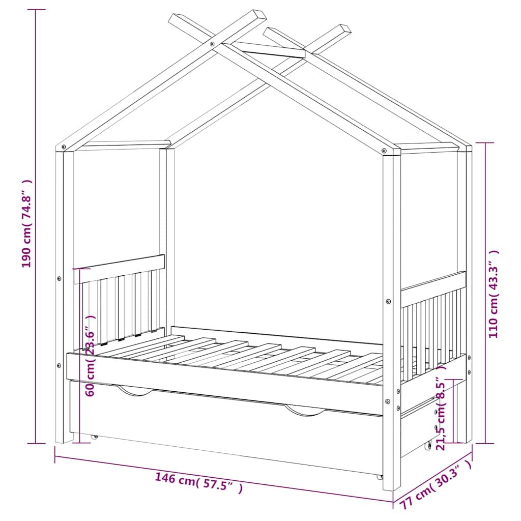 Vidaxl Estructura De Cama Niños Y Cajón Madera Maciza Blanca 70x140 Cm_2