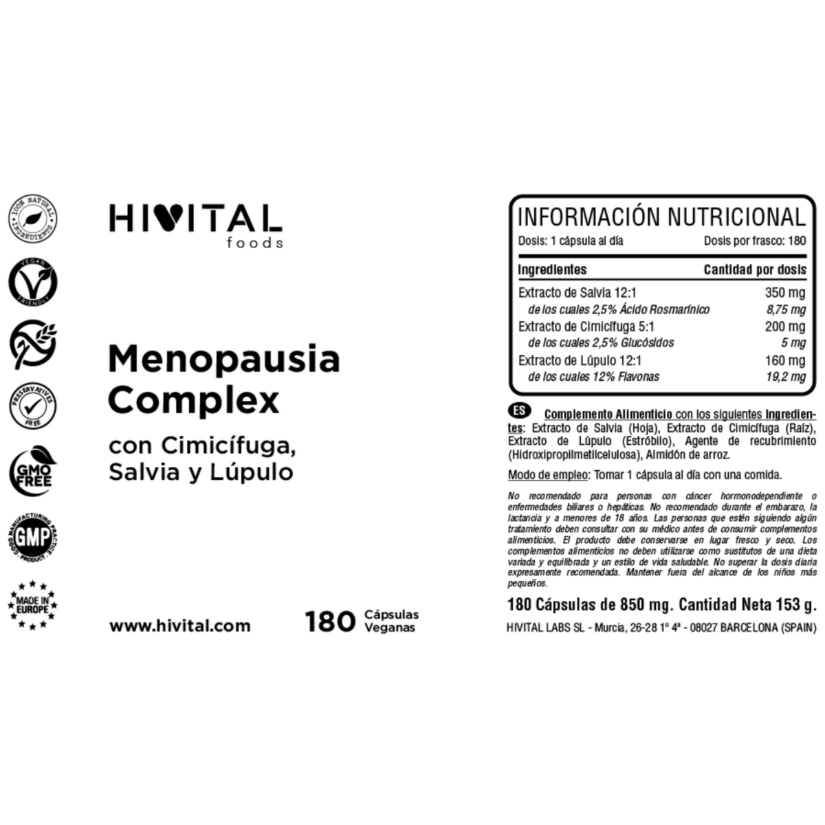 Menopause Complex Hivital 180 cápsulas veganas